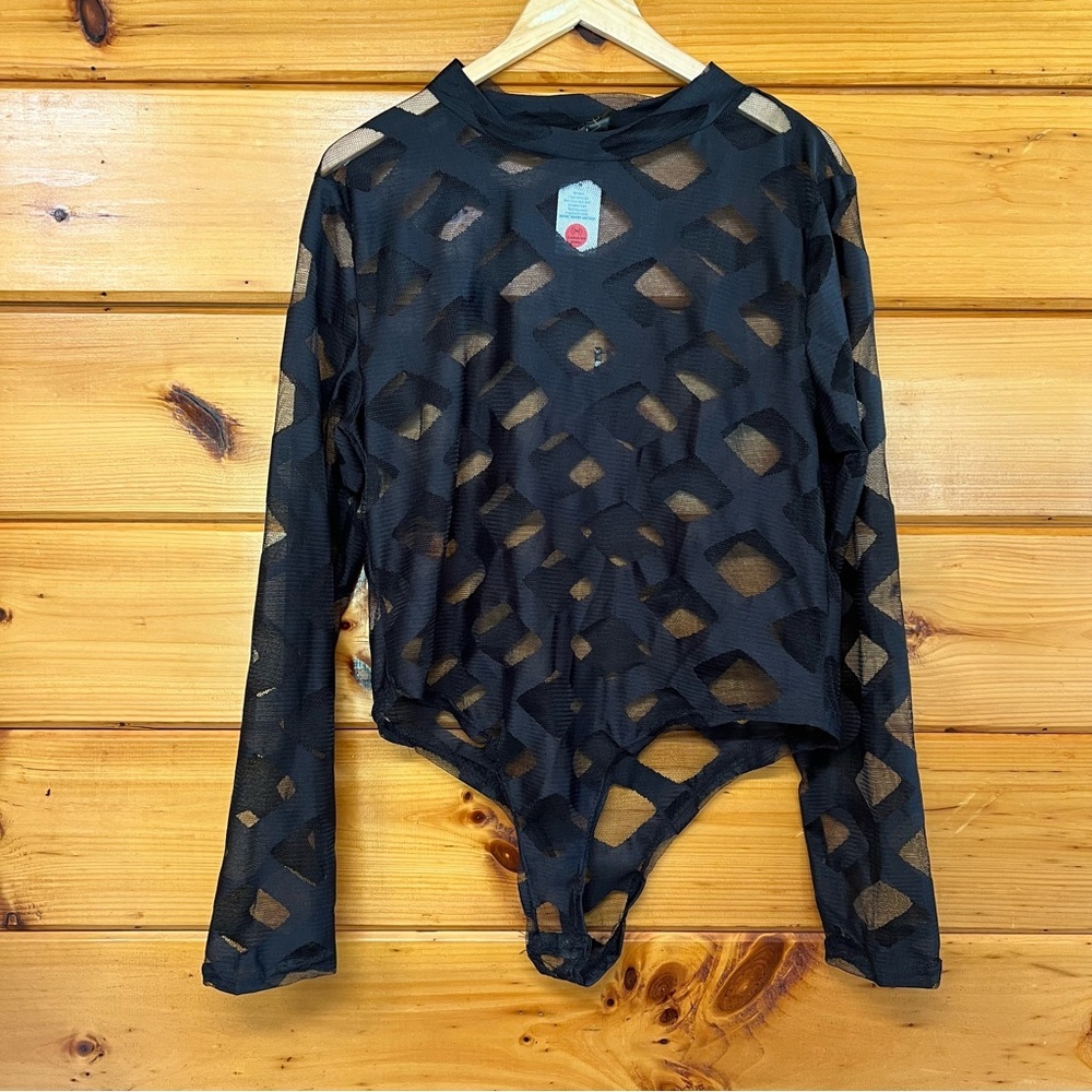 Windsor Long Sleeve Mock Neck Black Mesh Bodysuit Plus 3XL Geometric Pattern